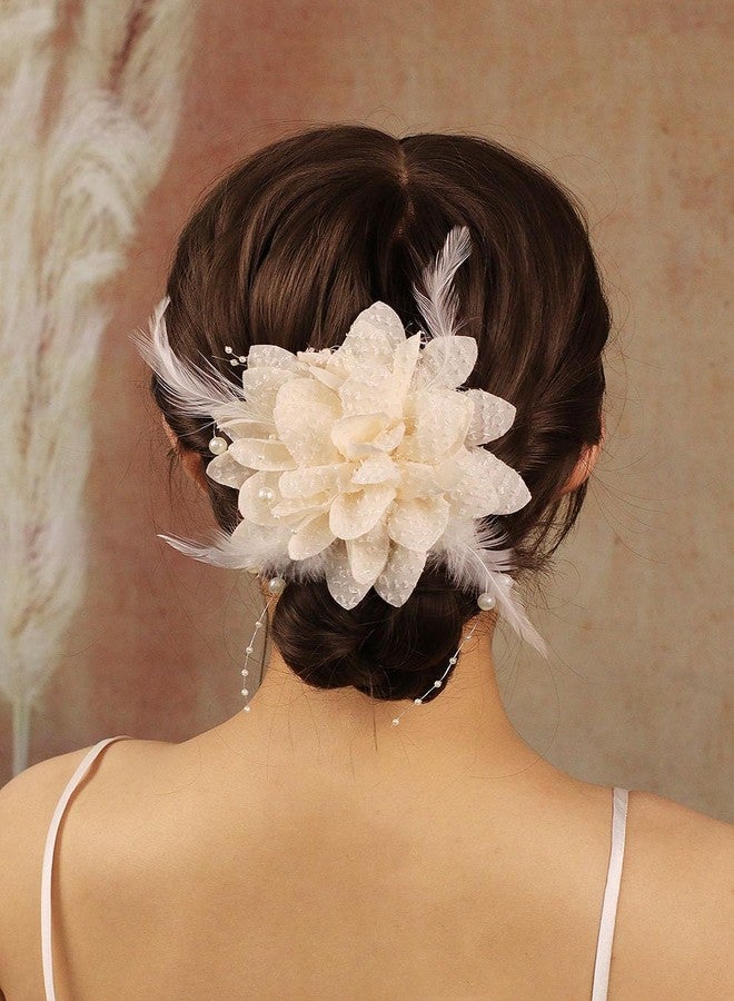 Rannyrena Vintage Feather Flower Hair Clip with Beaded Large Tulle Bow Hair Pieces Handmade Floral Bridal Wedding Hair Accessory for Women (Off white flower) - Image 1
